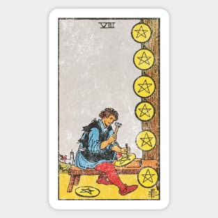 Eight of pentacles tarot card (distressed) Sticker